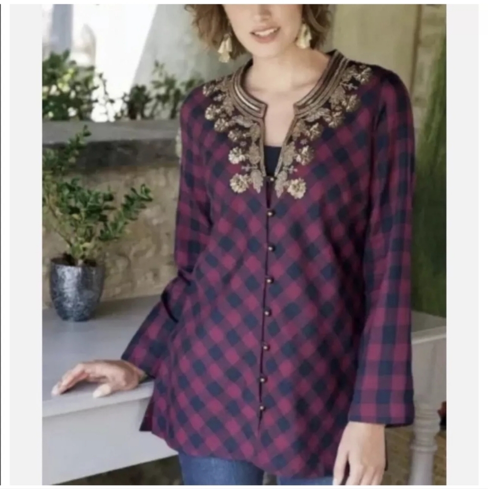 Soft Surroundings Webster Tunic Top Women S Red Burgundy Plaid Embellished Gypsy - Picture 2 of 16